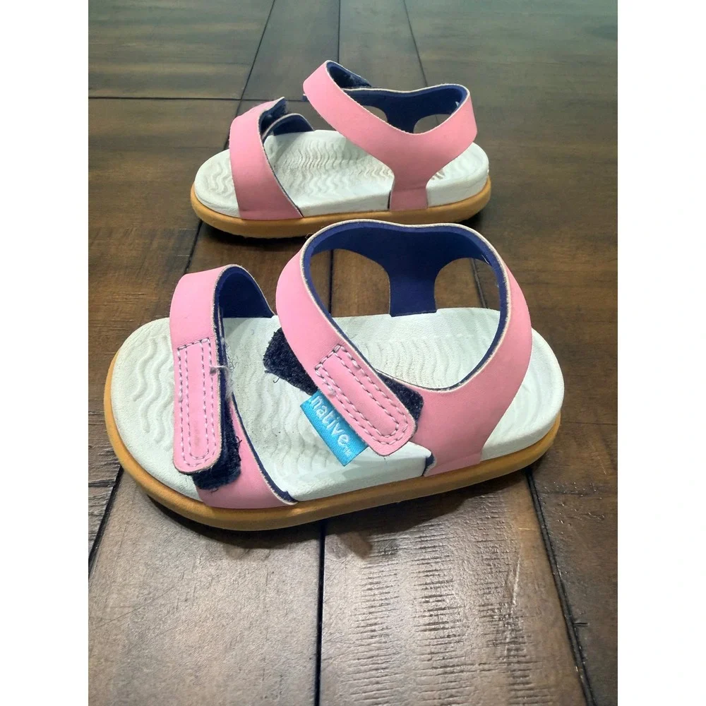 Native Charley Toddler Sandals Pink Navy Blue Size C6 Hook and Loop Straps